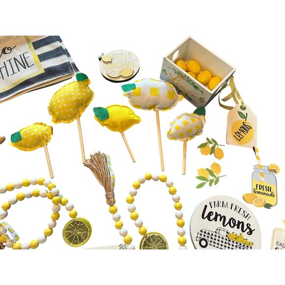 GUC Lot of Lemon Decor Tiered Tray Decor Includes Table Runner Signs Beads - Picture 5 of 6